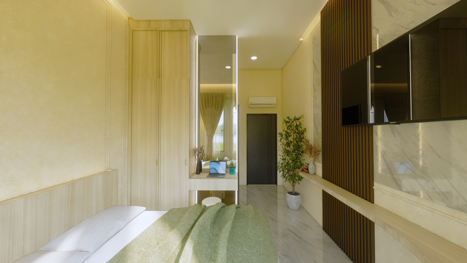 Custom furniture kamar dengan panel kayu dan marmer