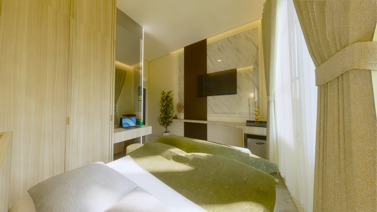 Interior kamar minimalis dengan palet warna hangat dan netral