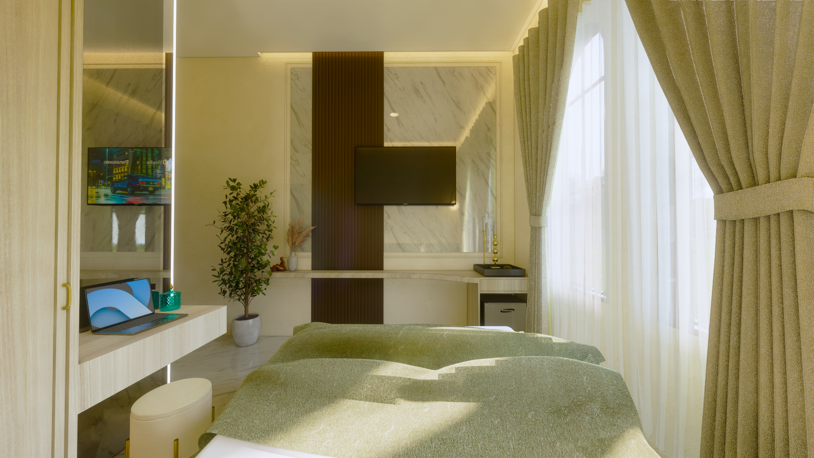 Kamar tidur dengan pencahayaan hangat yang estetik