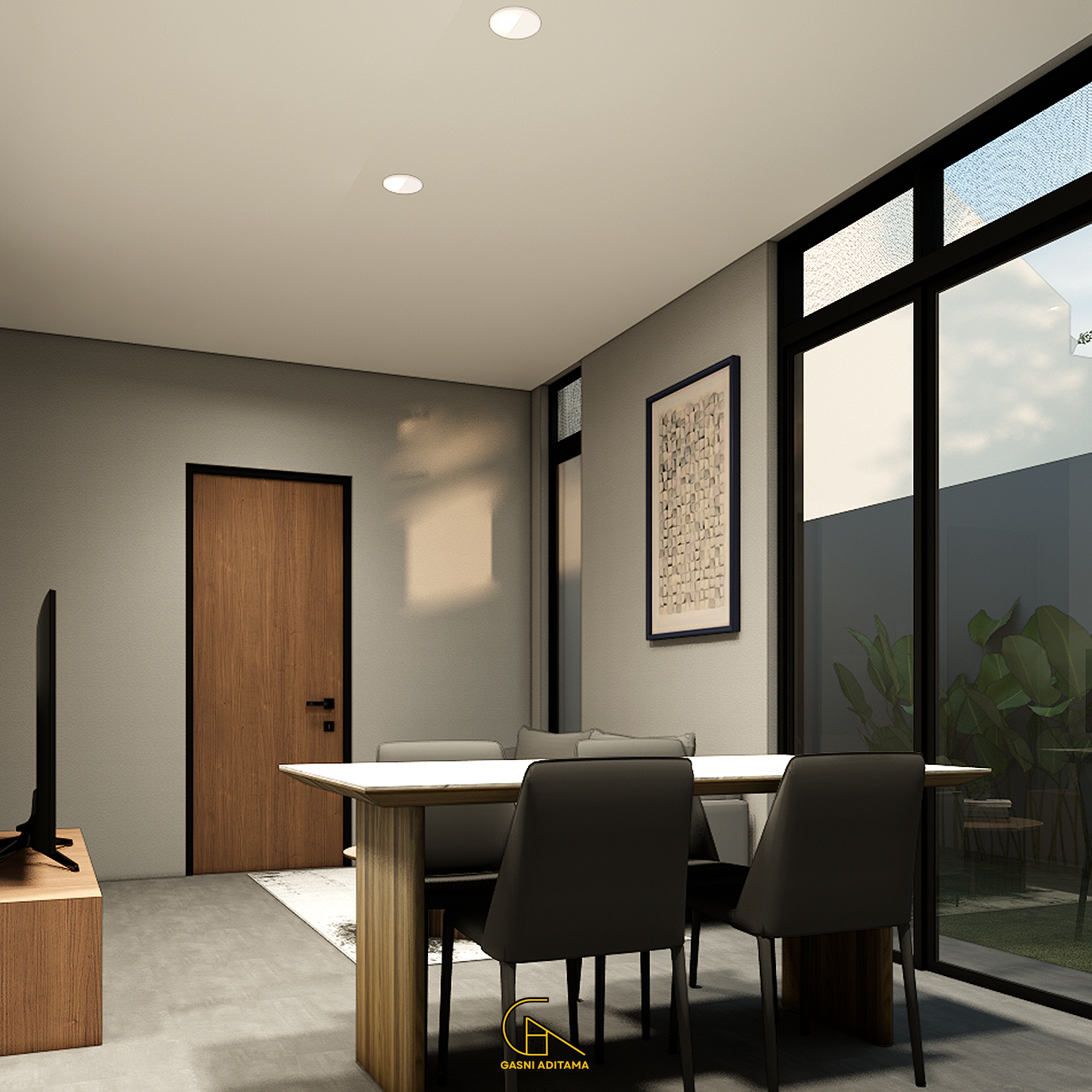 Desain ruang tamu minimalis modern oleh Gasni Aditama Interior